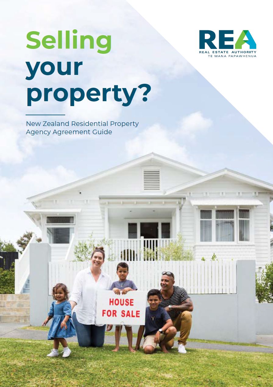 Front cover of Selling your property booklet with family of 5 standing in front of house for sale.